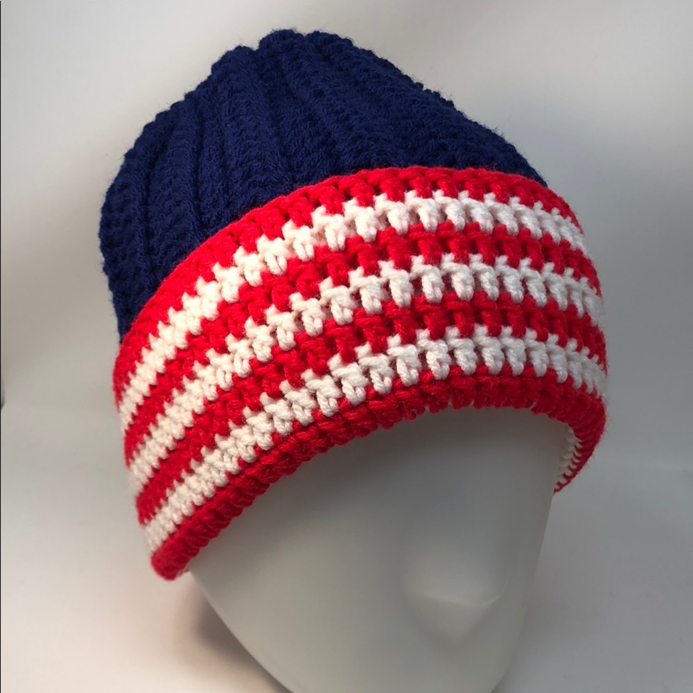 Red white & blue Patriotic Striped Beanie unisex new hat handmade crochet